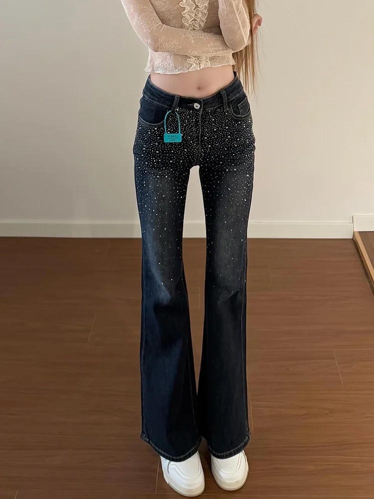 Retro American Hot Girl Cross Diamond Jeans Women's Autumn New Style Faded Slim Micro Flared Long Trousers Low Waist Zipper