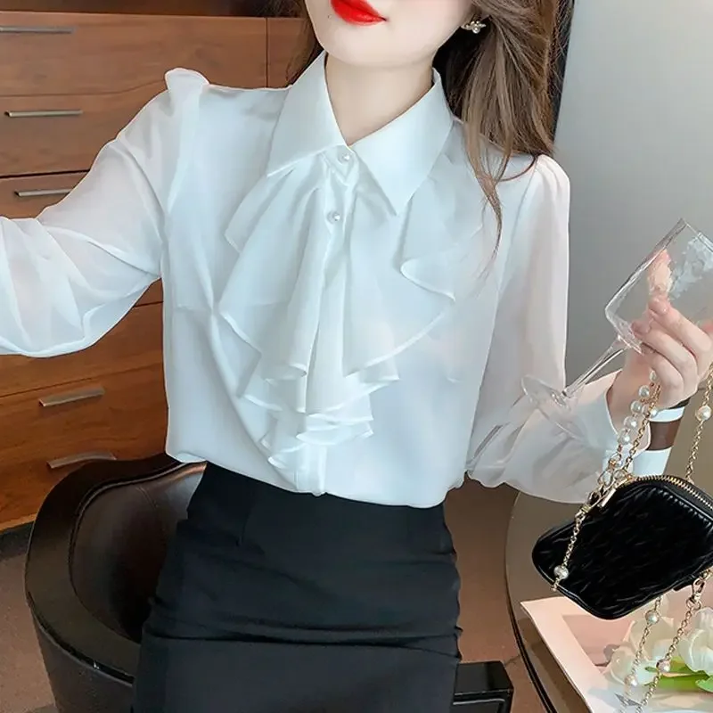 เสื้อเชิ้ตชีฟองคอกลมแฟชั่นสตรี