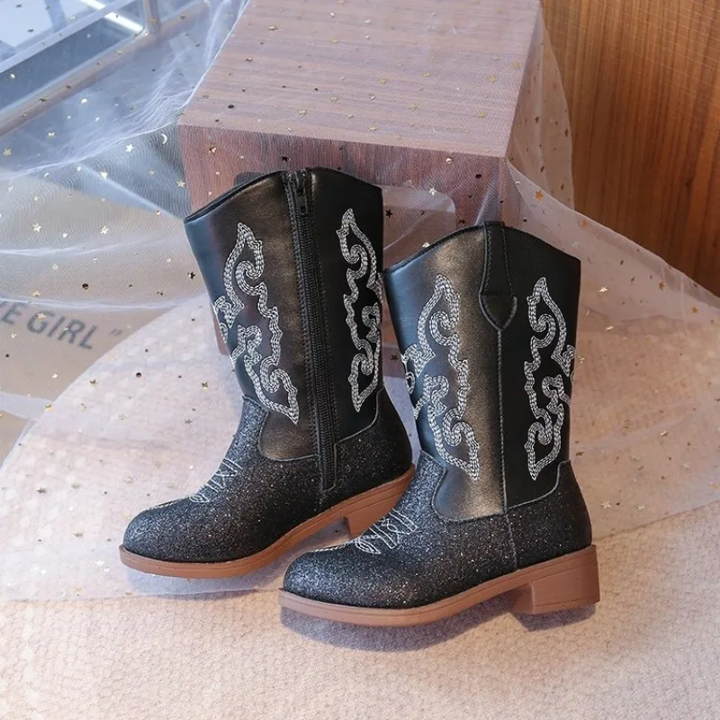 2026 Children's PU Leather Shoes Classic Western Cowboy Embroidery Girls Long Boots Kids Autumn Soft Sole Retro Princess Boots
