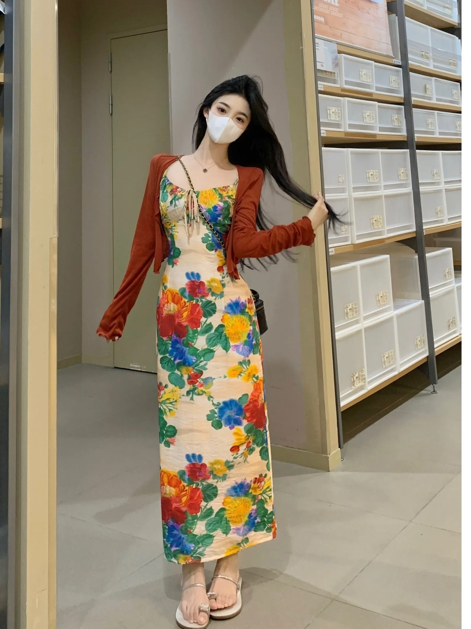 

Женский комплект больших размеров: винтажный топ с цветочным принтом на бретелях и короткий кардиган для защиты от солнца, новый летний корейский стиль