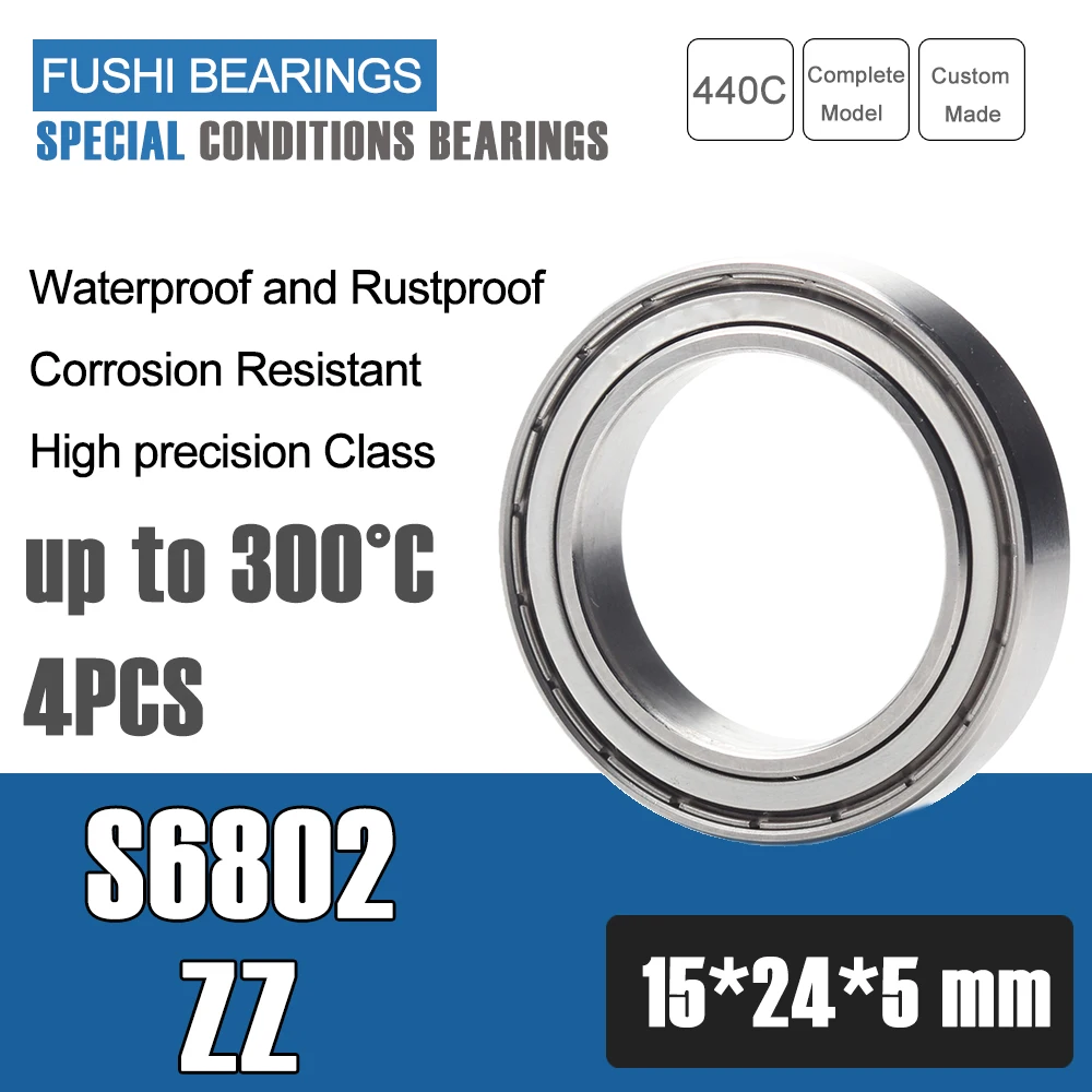 S6802ZZ Bearing 15x24x5mm 440C Stainless Steel S6802-2ZZ Stainless Steel Ball Bearings ABEC-5 Double Shield Pick of 4PC