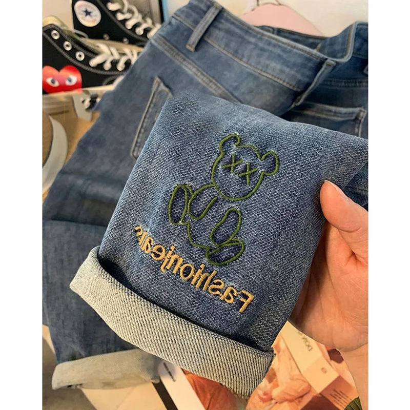 

Autumn Large Size 300 Pou Cartoon Bear Embroidered Jeans Men's Loose Dad Straight Leg Wide Leg Pants Breathable Casual Jeans