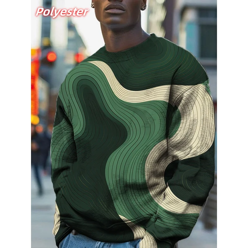 

3D Autumn Geometric Striped Men's Sweatshirt, Skull Pattern Sports Shirt, Casual Long-Sleeve Pullover, Round Neck