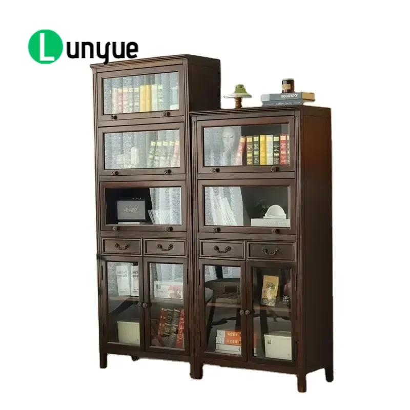 American Style Wooden Floor Bookcase with Dustproof Glass Doors Storage Locker Cabinet for Living Room Bedroom Home Office