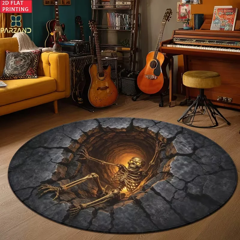 Skeleton Abyss Crack Round Rug Guestroom Reading Nook Playhouse Club Music Area Rug Basement Home Decor 2D Print Mat