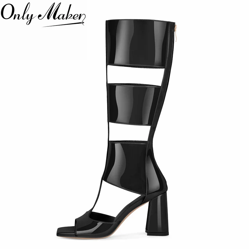 

Onlymaker Women Gladiator Open Toe Booties Black Knee High Heels Sandals Boots Back Zipper Sexy Casual for Party Punk Shoes