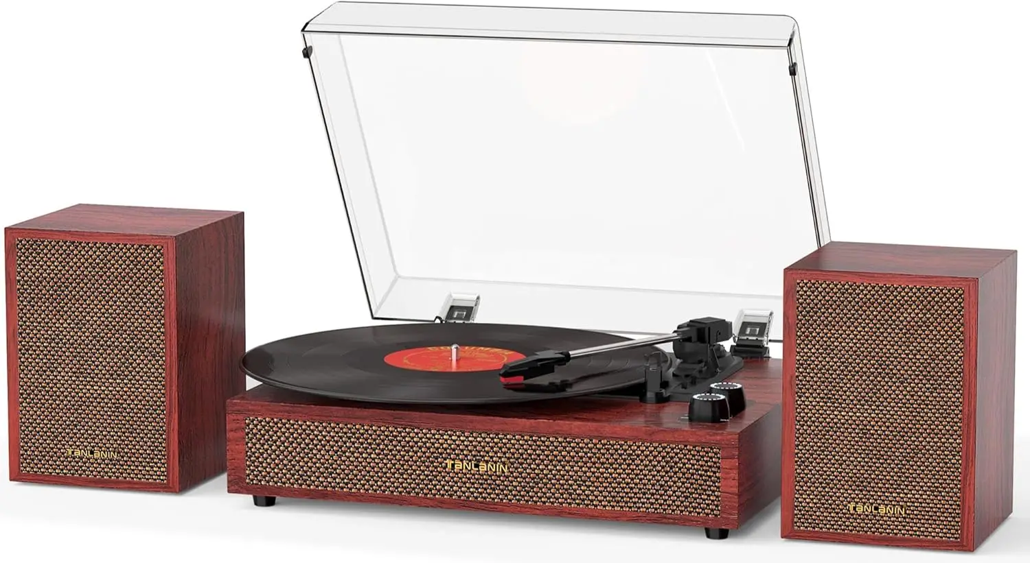 

Винтажный проигрыватель виниловых пластинок с Bluetooth, функцией автоматической остановки и внешними колонками - светло-красный