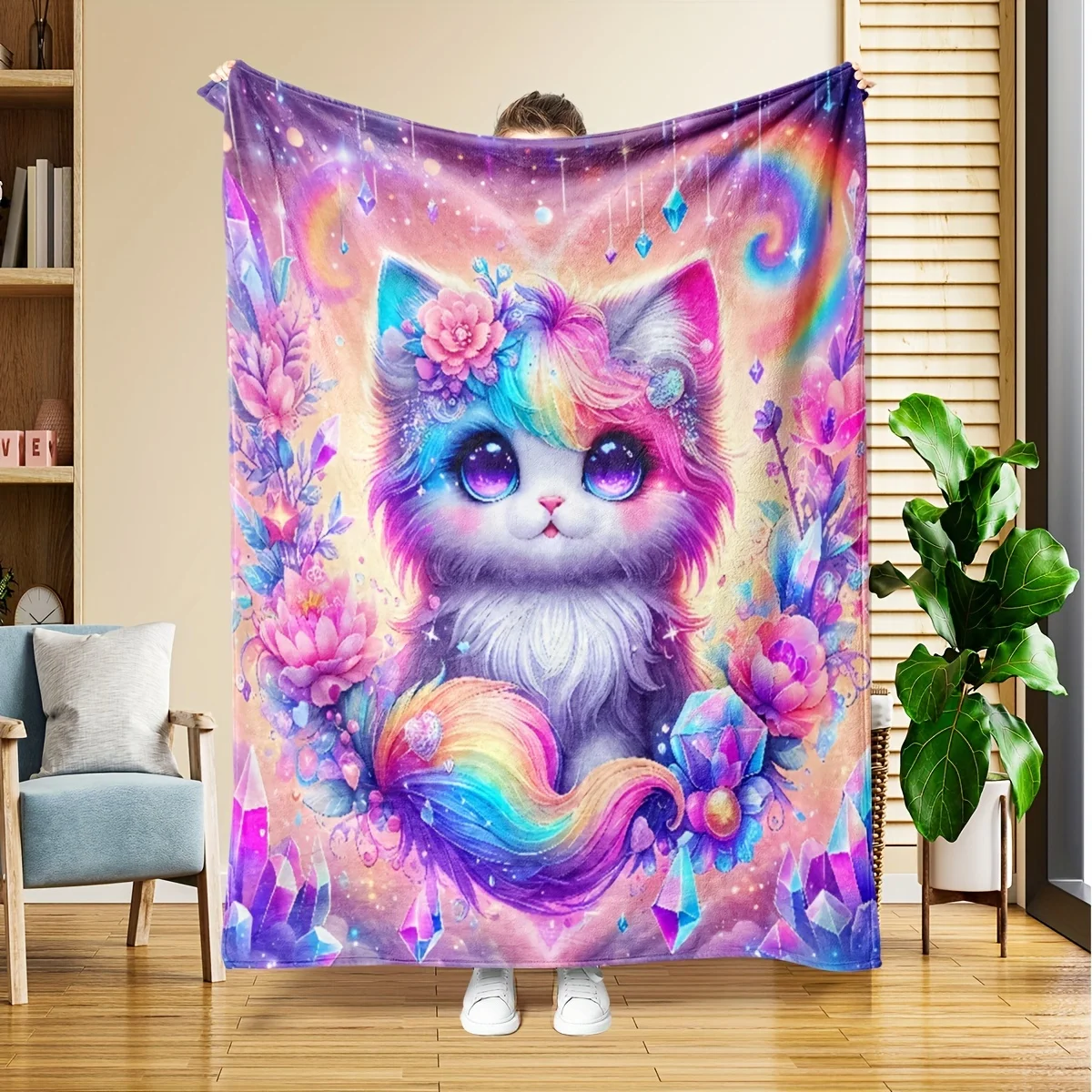 Cozy Colorful Kitten Flannel Throw Blanket - Soft, Warm & Versatile for Couch, Bed, Office, and Travel