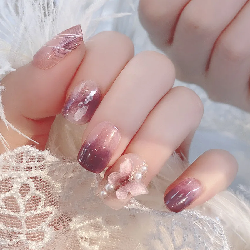 24 pezzi rosa camelia 3D nail art falso copertura completa sognante occhio di gatto finito adesivi per unghie moda indossabile medio dolce manicure