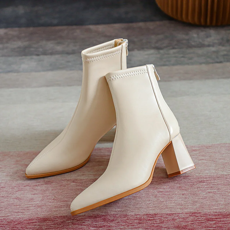 

Pointed Toe Short High Heel Leather New Winter Women's Shoes Back Zipper French Style Bare Mid-calf Boots Women Buty Damskie