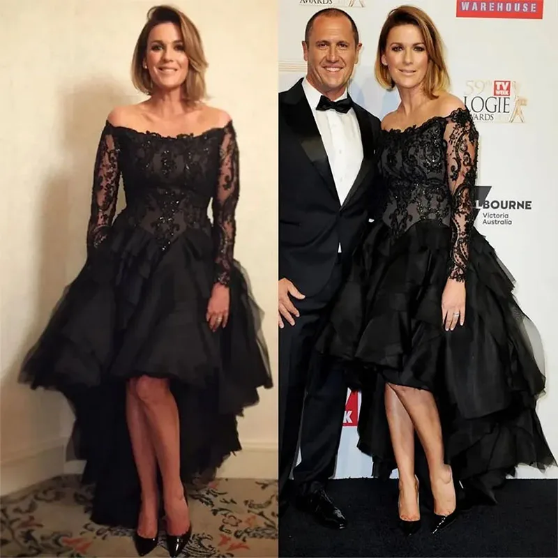 

Customized Black High Low Mother Of The Bride Dresses Off The Shoulder Sequined Wedding Guest Dress Long Sleeves Evening Gowns