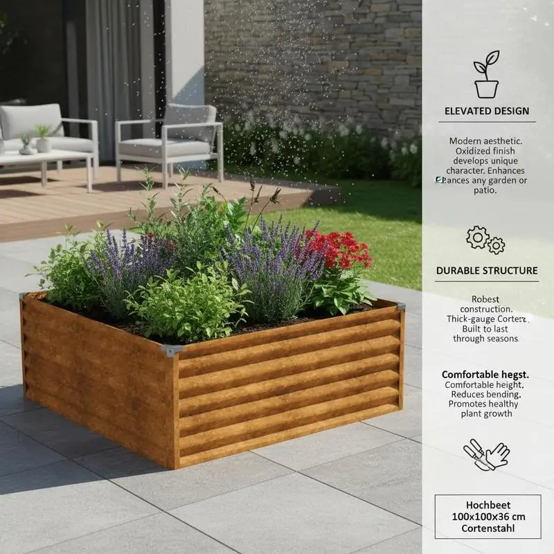 Bac à légumes surélevé, jardinière surélevée pour légumes et herbes, mobilier de jardin extérieur durable Hochbet 100x100x36 cm en acier Corten