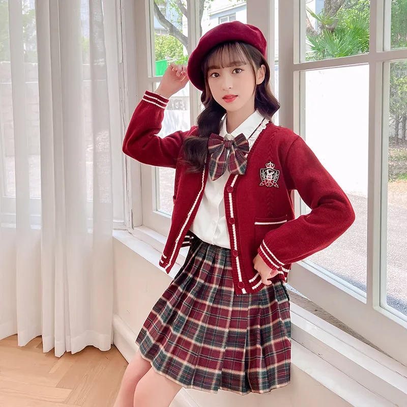 

2023 Autumn College Style Set Skirt Children's Sweater Skirt Set Girls JK Uniform Cardigan Plaid Skirt Three Piece Set