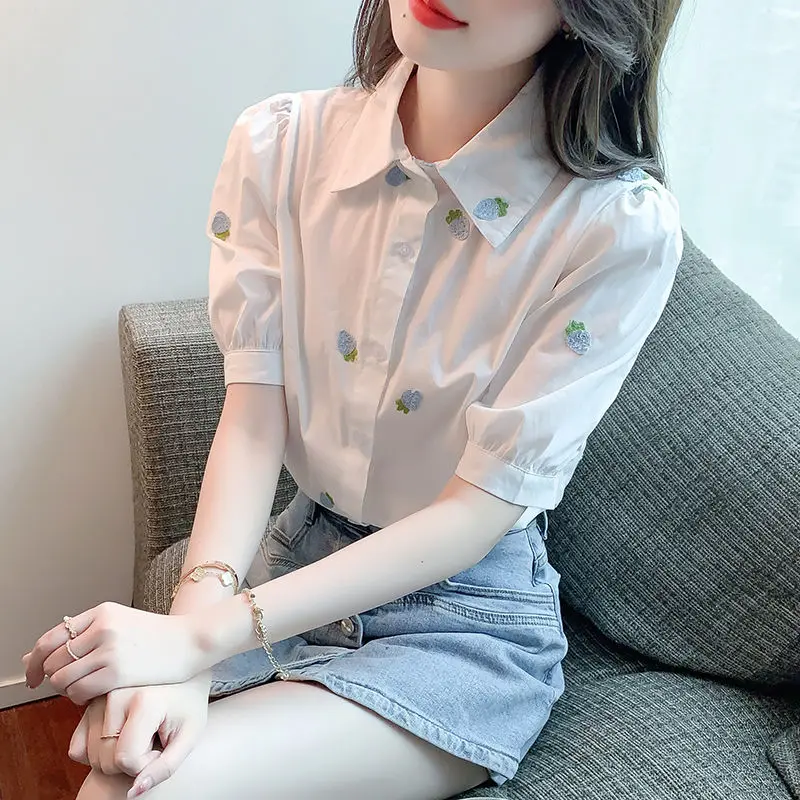 2024 Summer New Preppy Style Fashion Polo Neck Short Sleeve Chiffon Blouses Tops Printed Single-breasted Loose All-match Shirts