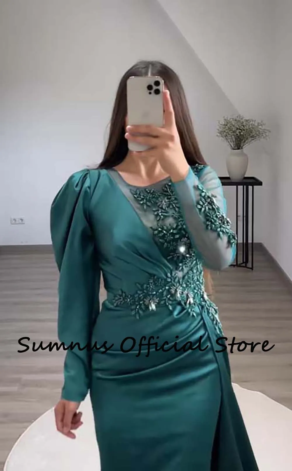 Sumnus Saudi Arabic Mermaid Evening Dresses Appliques Long Sleeve Soft Satin Evening Gowns With Train Dubai Formal Dress 2023