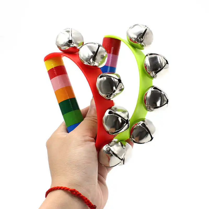 Rainbow Hand Jingle Bells Wooden Handle Percussion Instruments Musical Shaking Toys Adults Kids Boys Girls Party Favors Gifts
