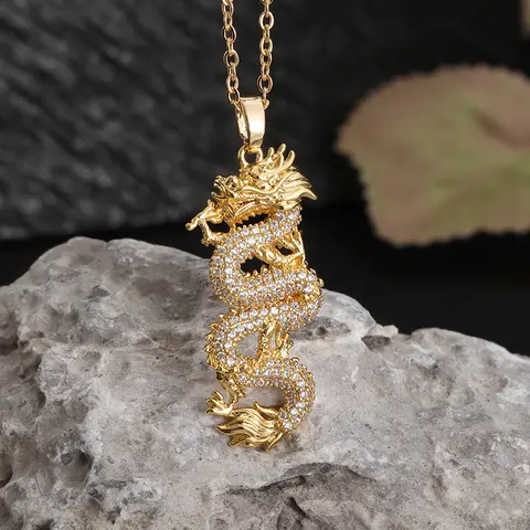 Exquisite Shining Cubic Zirconia Auspicious Dragon Pendant Necklace for Men Women Fashion Lucky Amulet Jewelry Gifts