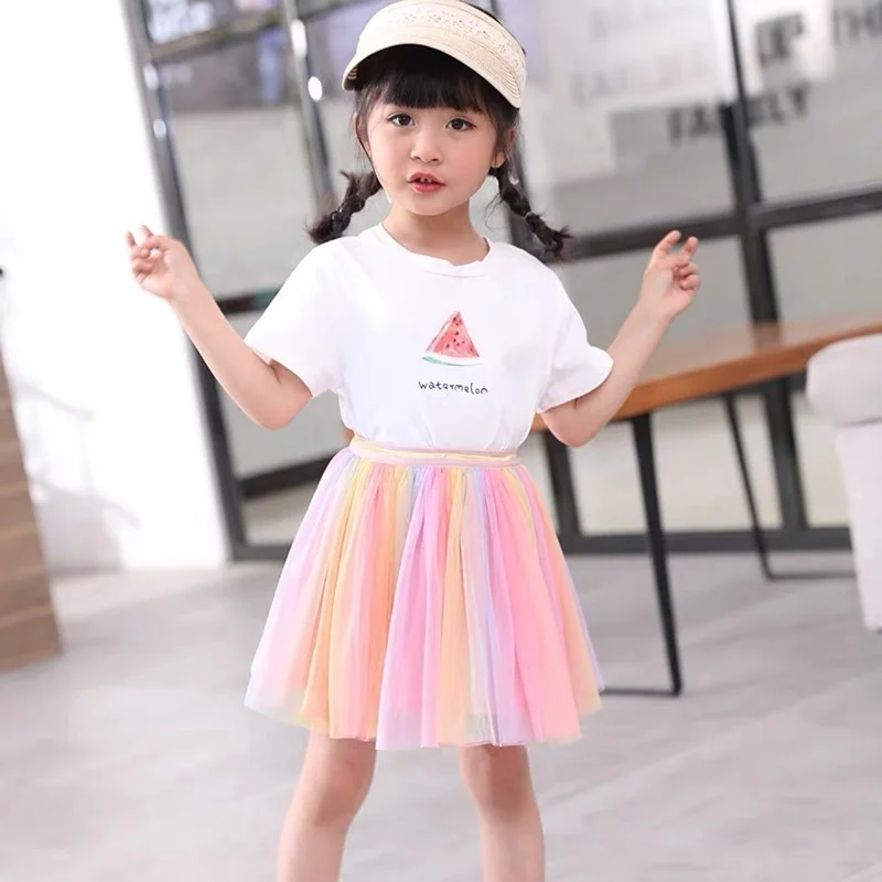 Cute Rainbow Girls Mesh Skirts 2022 Summer New Kids Princess Tutu Skirts Color Stripes Girls Pleated Skirt Gauze Child Miniskirt