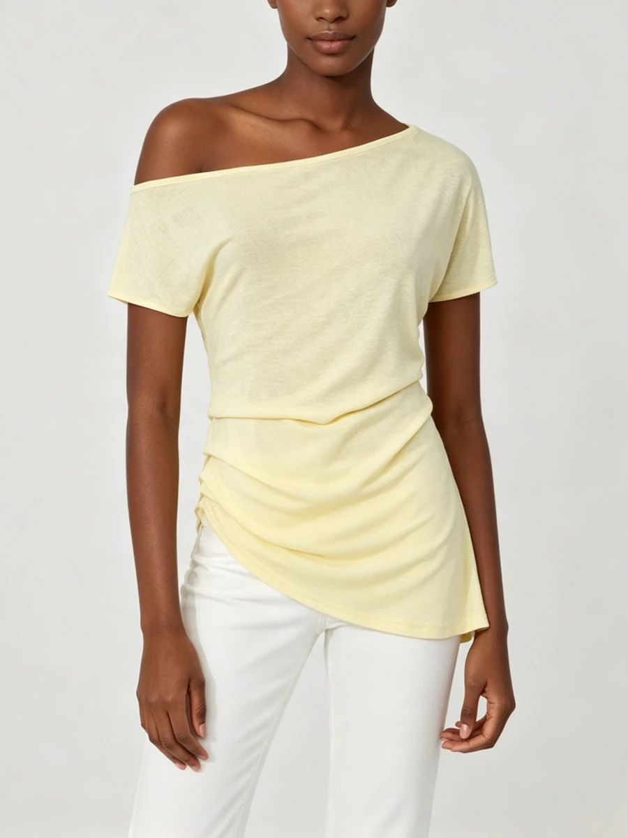 VGH Yellow Loose Spliced Folds T Shirts for Women Skew Collar Short Sleeve Elegant Design T Shirt Female Summer Fashion Style