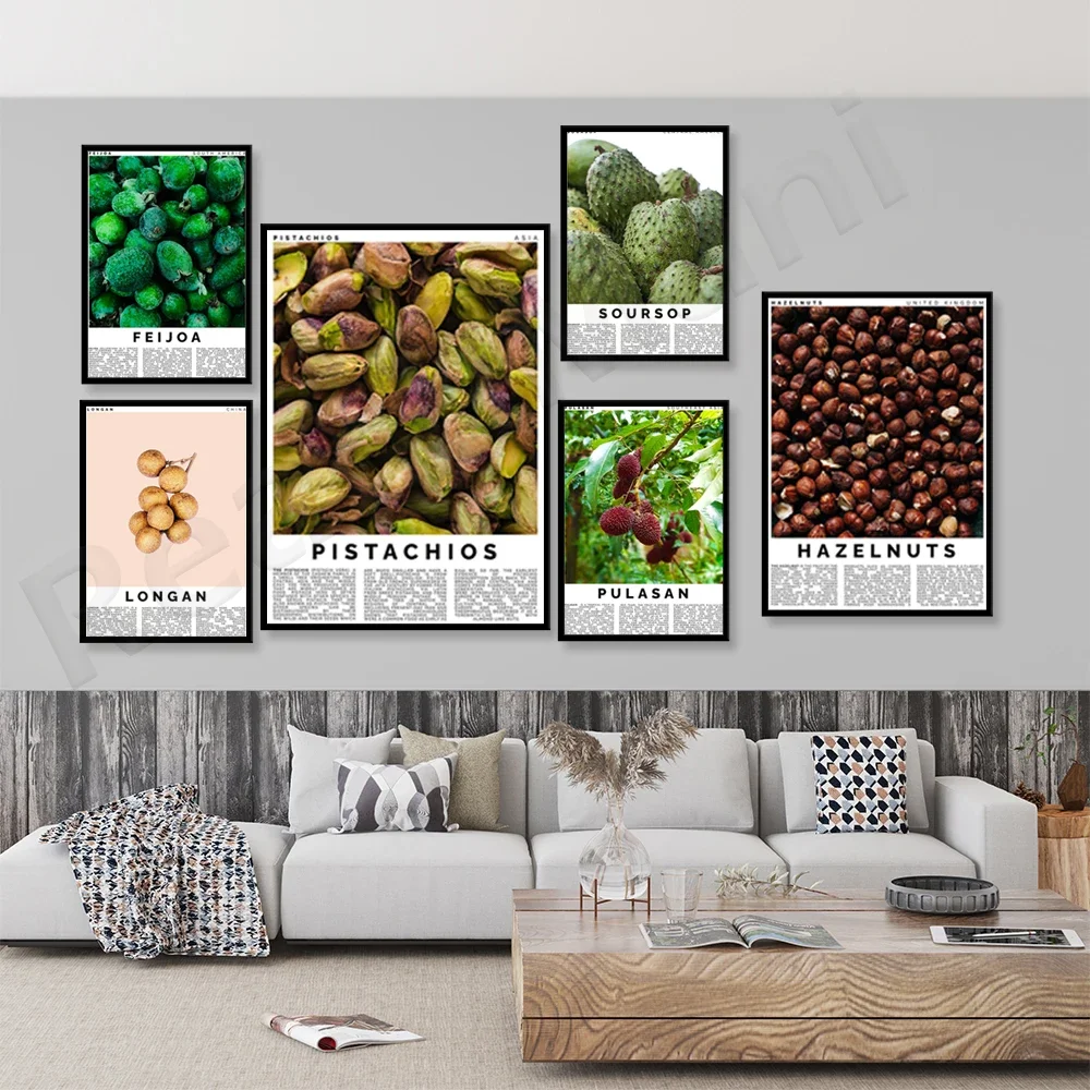 Hazelnut, pistachio, sweet cherry, persimmon, longan, noni, soursop, basan, fruit kitchen art gourmet poster housewarming gift