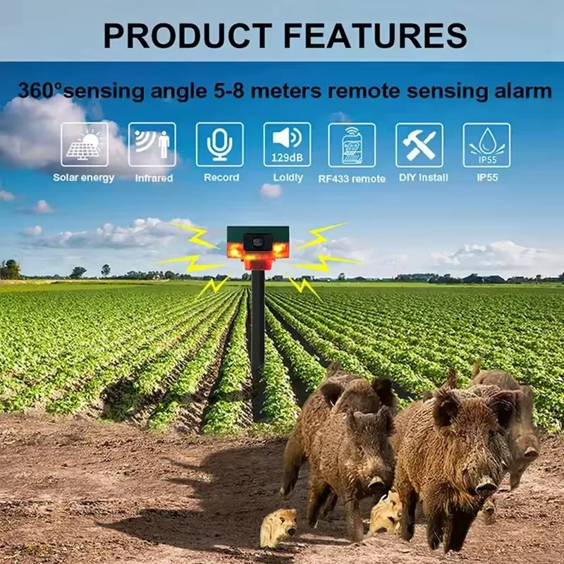 Outdoor Solar Alarm Light with Infrared Motion Sensor Area Sound Recording Waterproof Anti-theft Animal Repeller Security Alarm