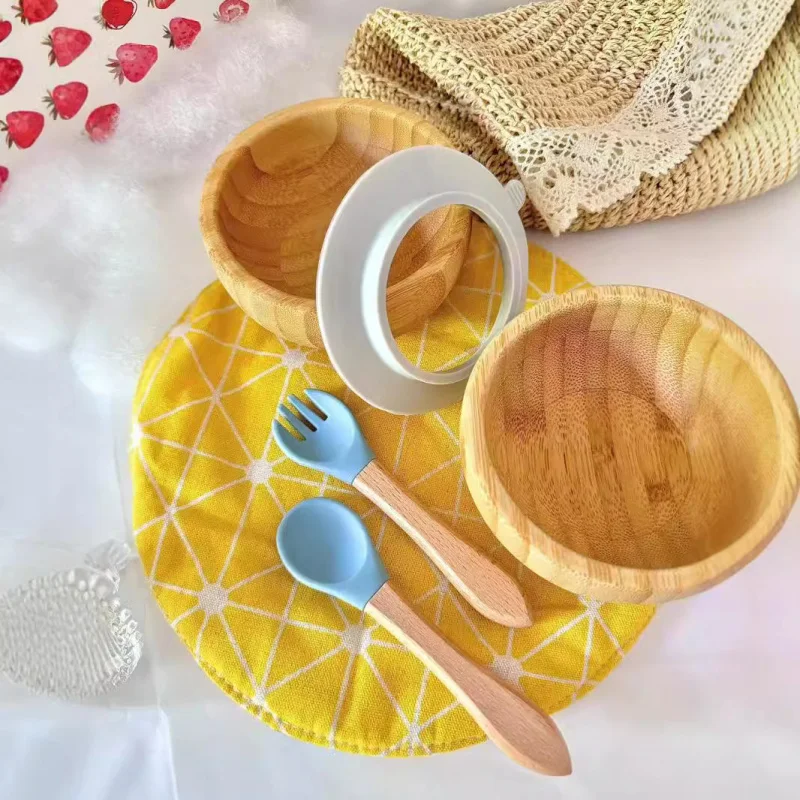 New Children's Bamboo Bowl with Suction Cup Solid Food TablewareBabyAnti-Scald Bowl Self-Eating Auxiliary Spork Bowl Set