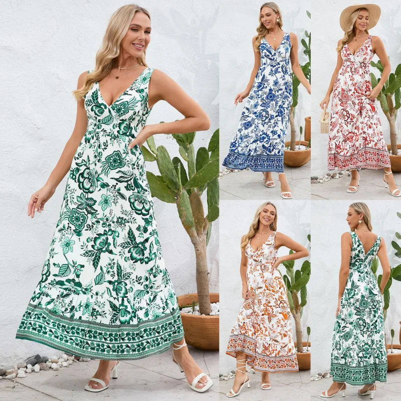 

SexyVCollar Slim Temperament Dress2024Summer Women's Floral Dress Retro Printed Long Dress