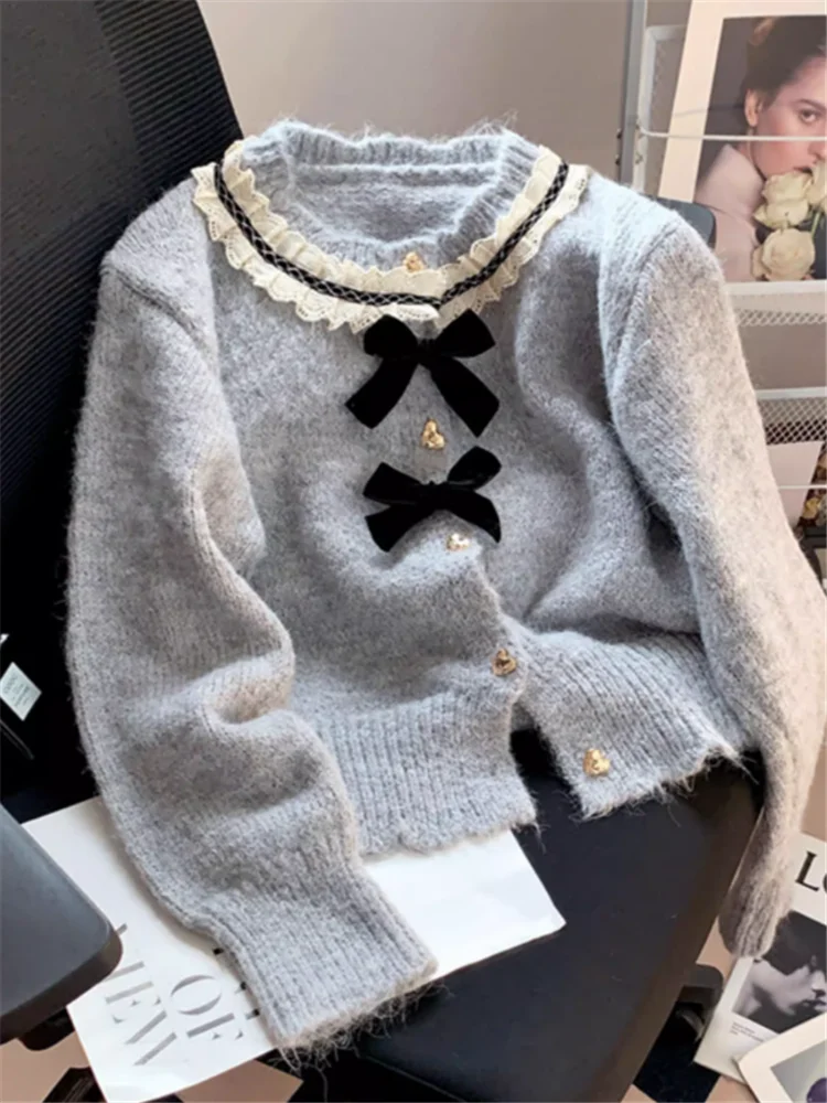 

Вязаный кардиган Sweet Girl с кружевом и оборками, осенняя мода, милый белый, серый свитер с бантом и круглым вырезом, большие размеры 2XL, трикотажный топ с длинными рукавами