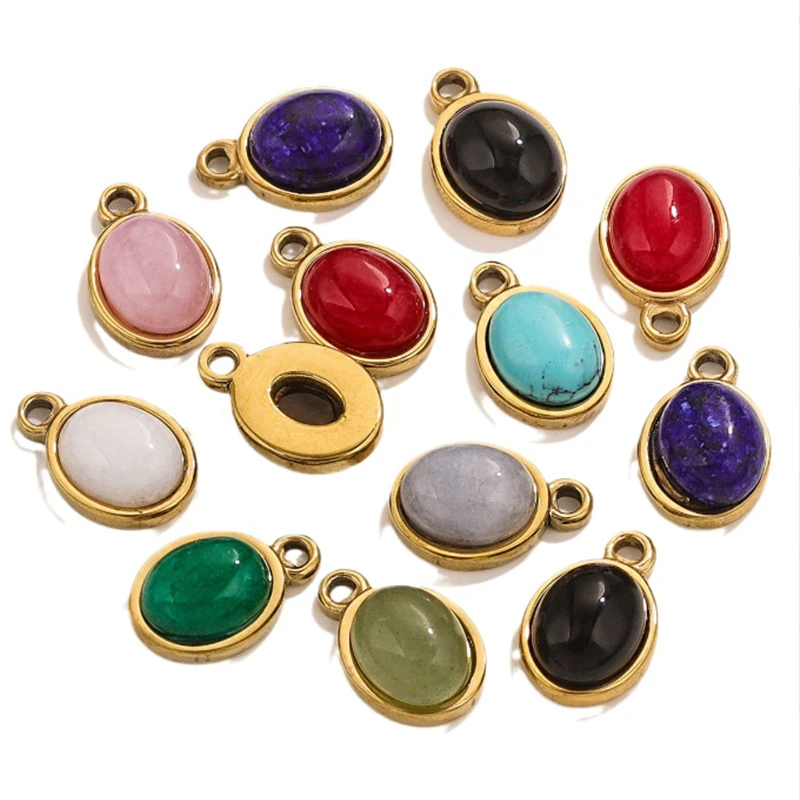 15Pcs/Lot New Fashion 18K Gold Plated Natural Stone Oval Charms DIY for Pendant Necklace Earrings Jewelry Findings Accessories