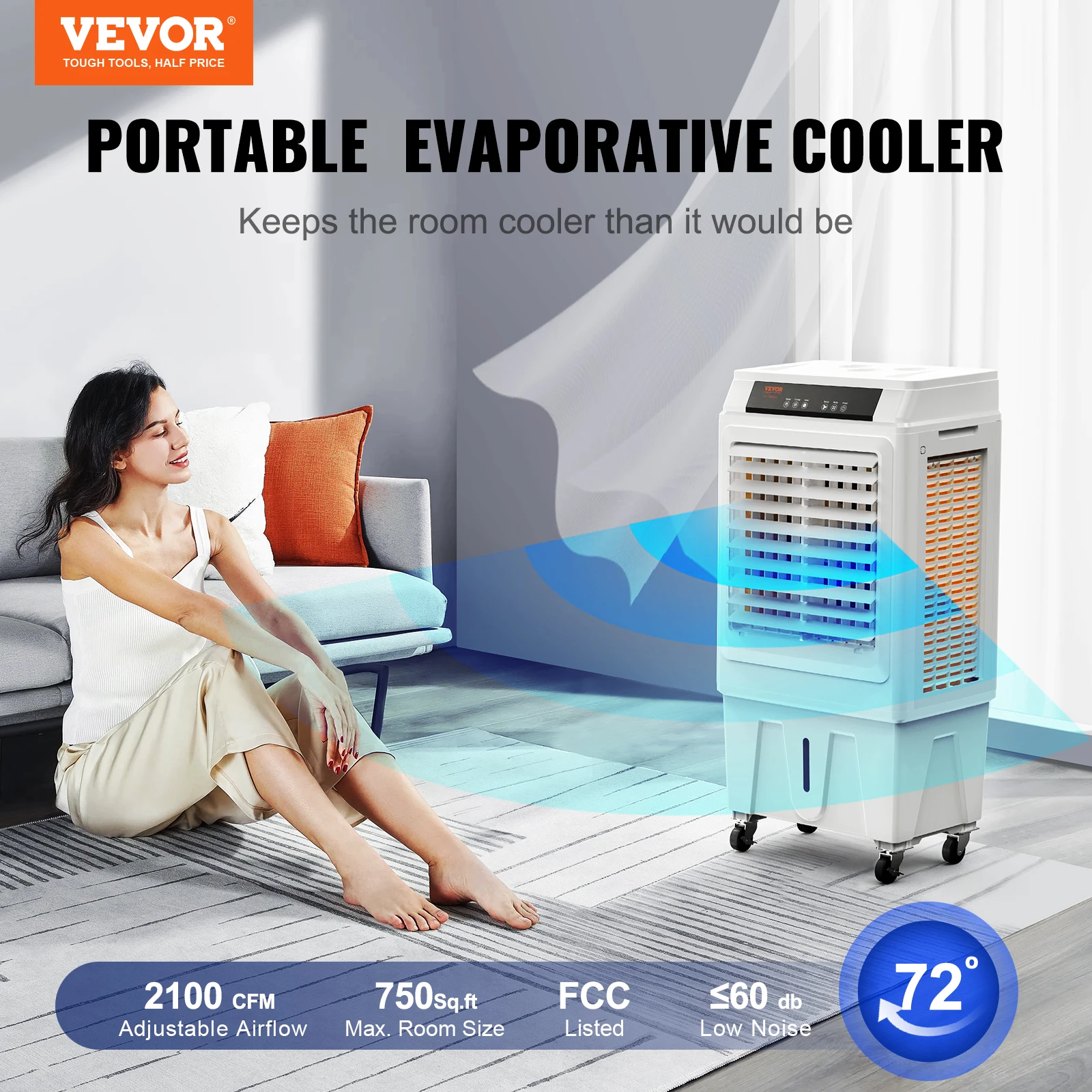 Imagem -02 - Vevor-refrigerador de ar Evaporativo Pântano Oscilante Velocidades Ajustáveis Temporizador 12 h Portátil para Uso Interno e Externo