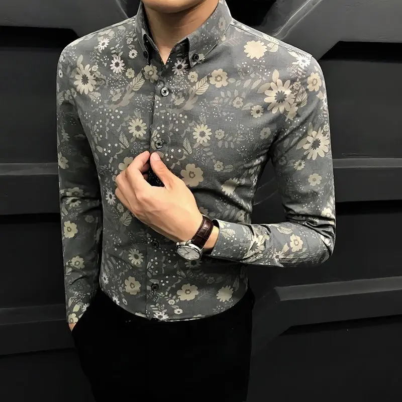 Long Sleeve Spring Summer Shirts Turn-down Collar Man Printing Skinny Handsome Button Fashion Business Casual Men\'s Clothing