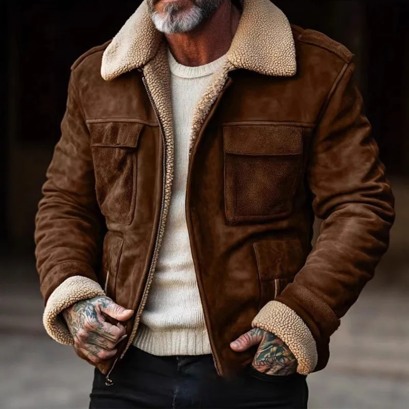 

Winter Men's Lapel Zipper Cotton Jacket Coat Retro Solid Color Warm Fake Pocket Zipper Men's Casual Jacket Coat Top Streetwearg