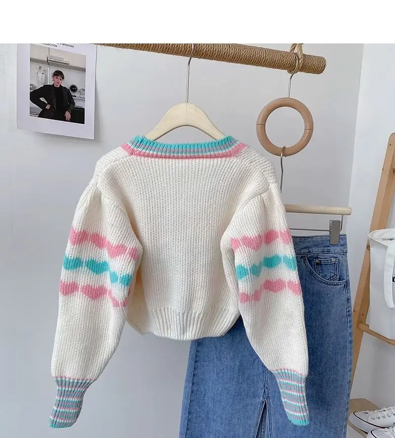 Knitted Cardigan Striped Color Block Love Jacquard V-Neck Bat Sleeve Short Women'S Autumn And Winter New Korean Style Sweater