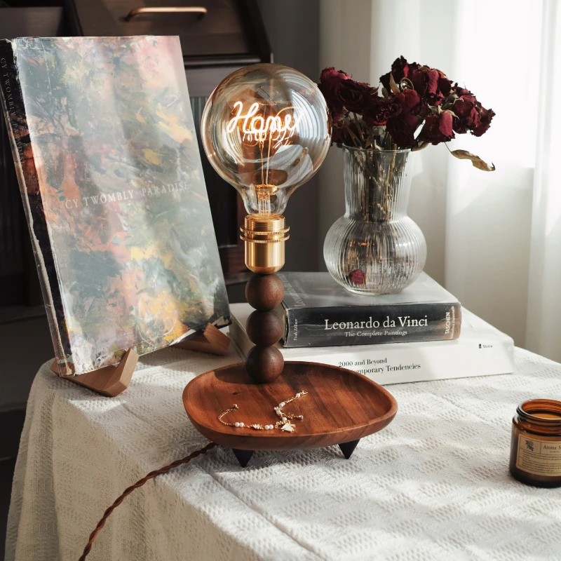 Medieval walnut storage plate table lamp, bedroom bedside bar counter atmosphere letter lamp