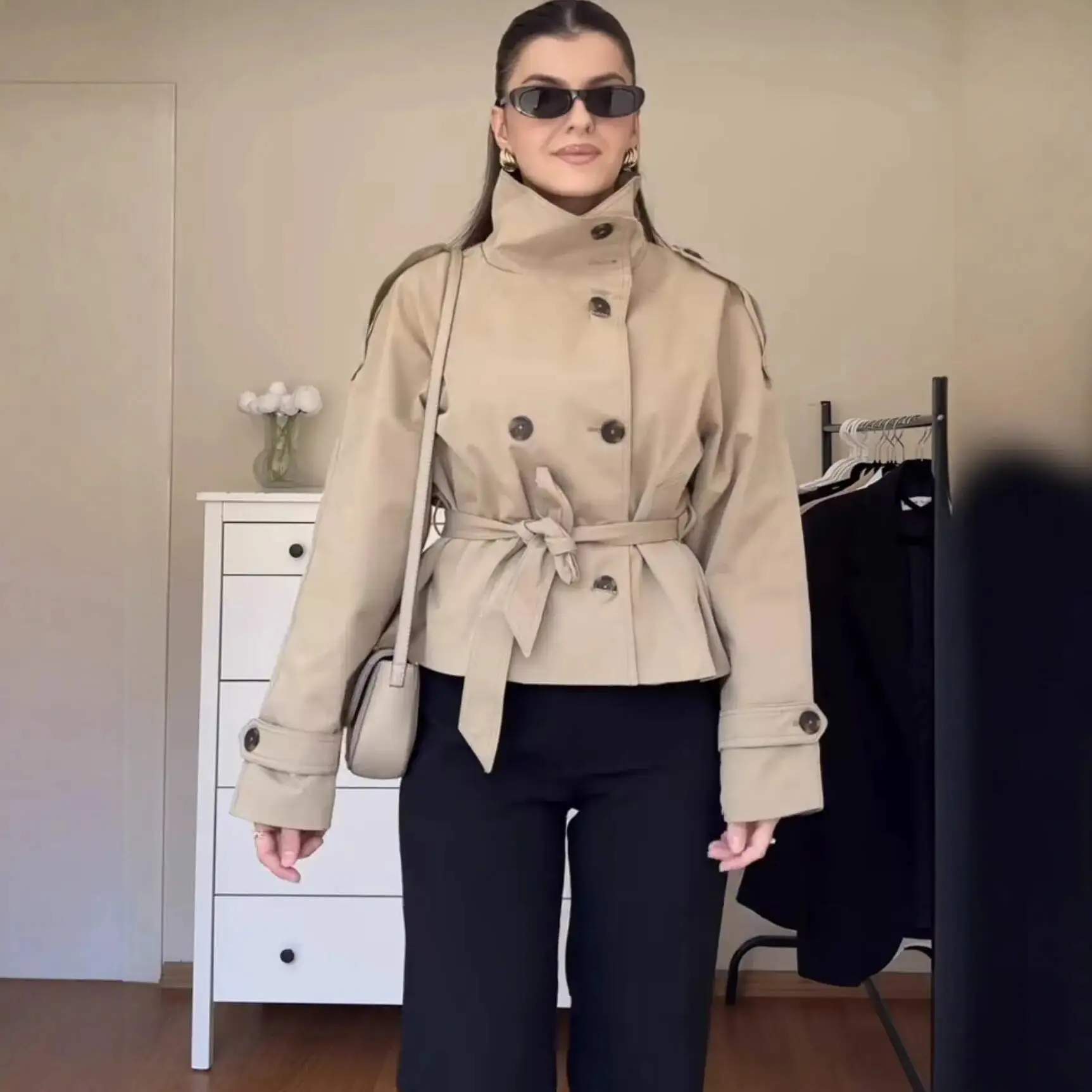 

Belted Waist Cropped Trench Double Breasted Stand Collar 2025 Autumn Chic Elegant Women Coat Casual Vintage Office Lady Jacket