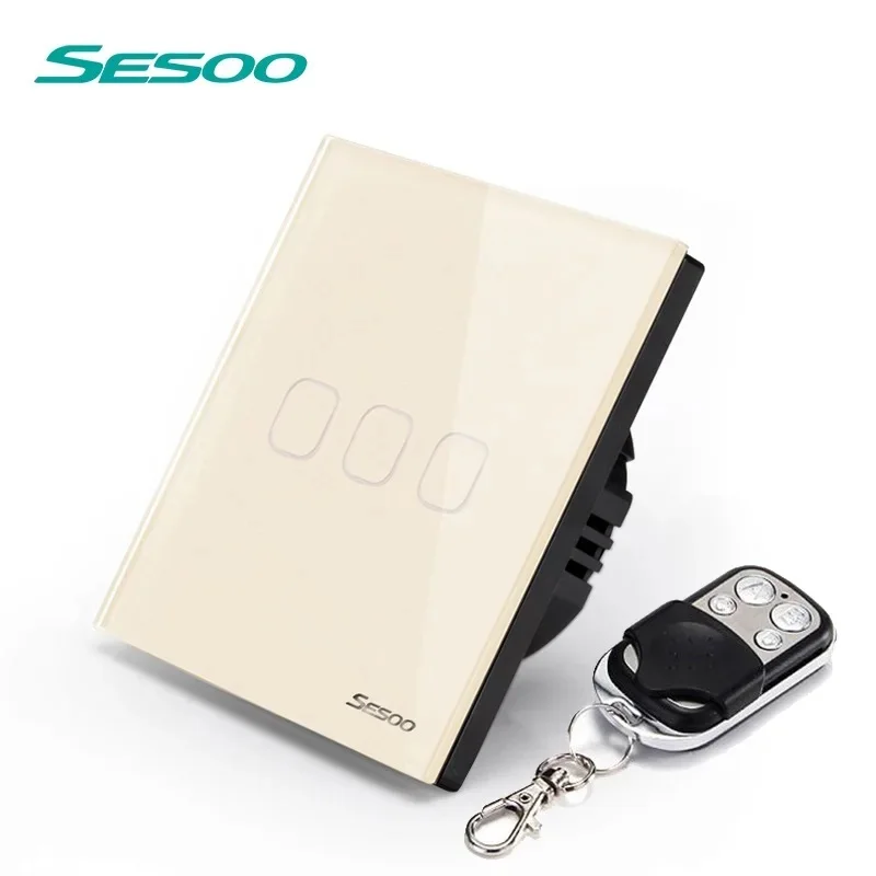 SESOO Remote Touch Switch, 3 Gang 1 Way,Crystal Glass Panel,RF433  Single FireWire Touch Sensing for Smart Home , AC100-240V