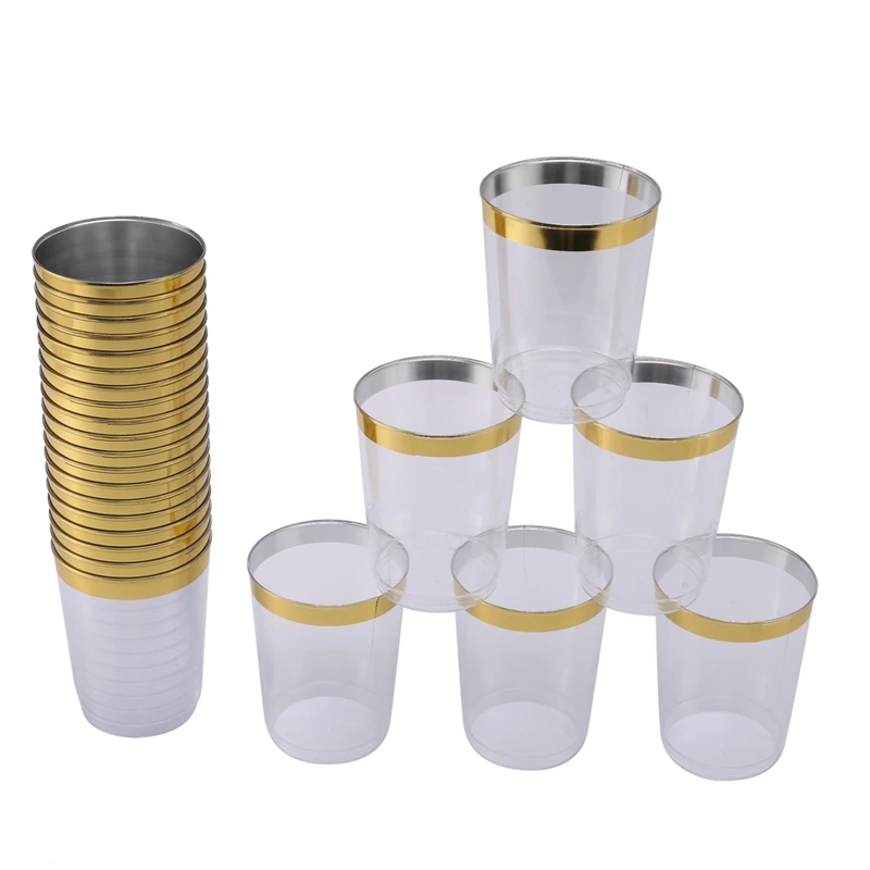 100X Gold Plastic Cups 10 Oz Clear Plastic Cups Tumblers Gold Rimmed Cups Fancy Disposable Wedding Cups Elegant Party Cups With