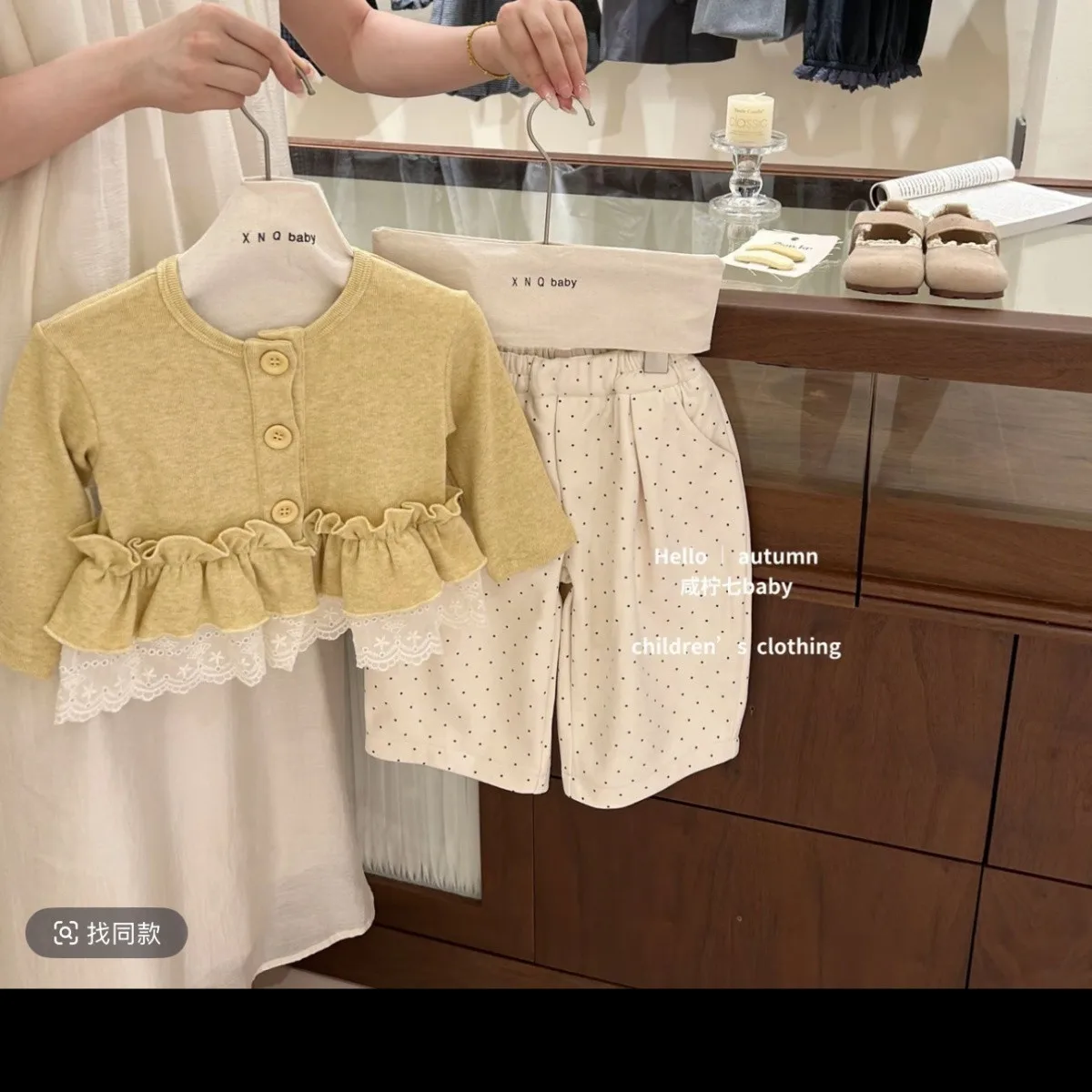 

Girls' Spring and Autumn Set Fashion New Korean Edition Children's Lace Cardigan Coat Polka Dot Pants Two Piece Set