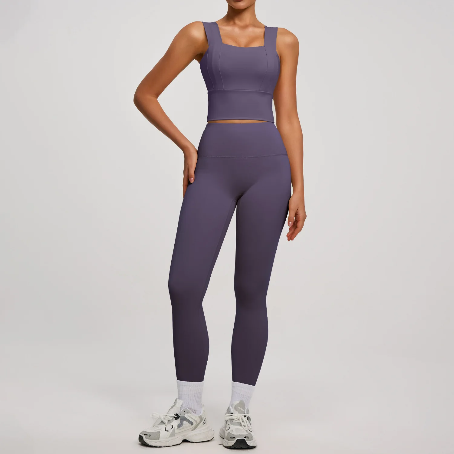 Women's Solid Color Yoga Set Back Cutout Slimming Tight Top Long Leggings Workout Outfit for Running Gym