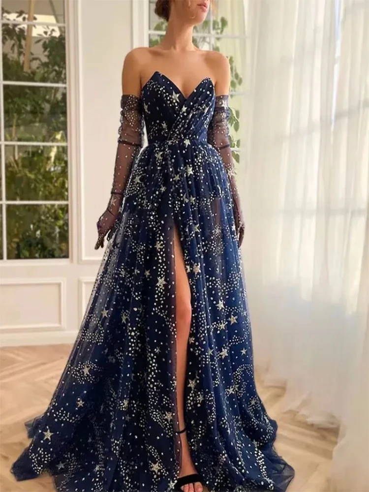 Robe de Soirée Longue et Sexy Bleu Marine, Tenue de Bal Sans Gants, Fendue sur le Côté, avec Étoiles Brillantes Scintillantes