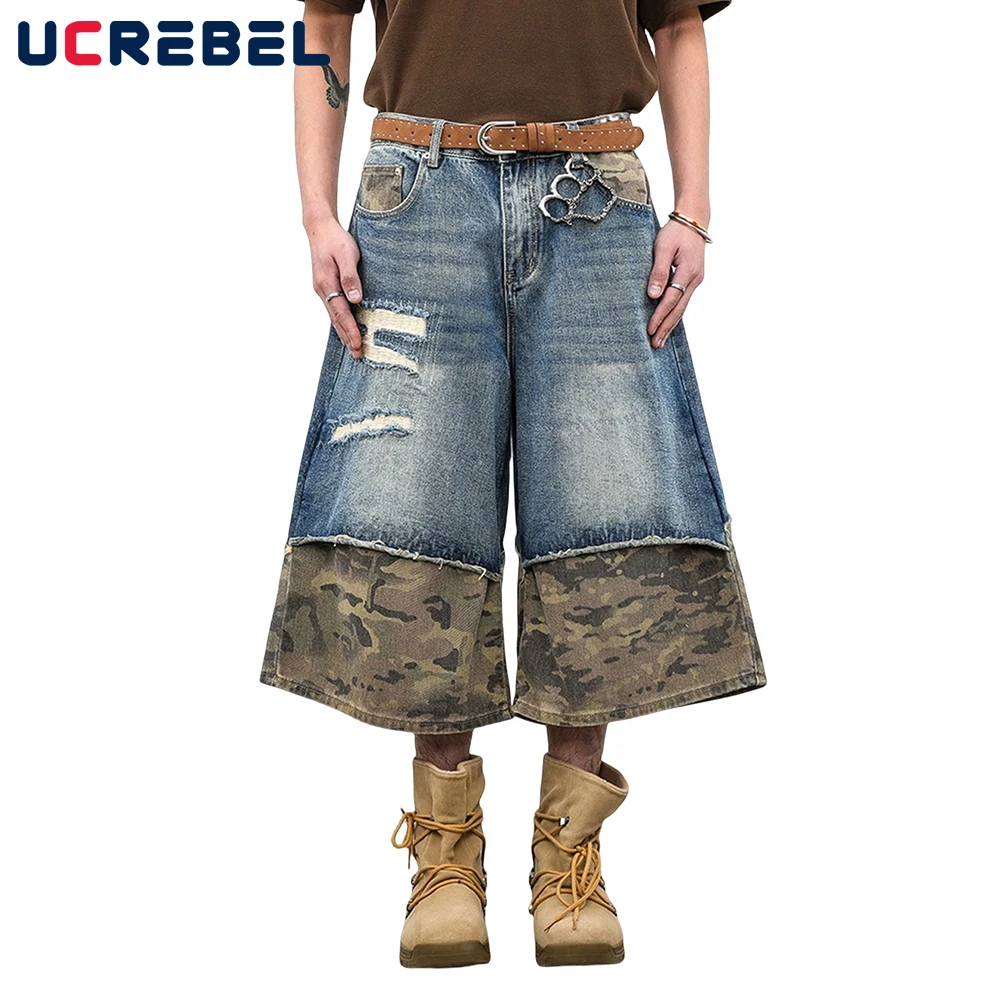 

Patchwork Denim Shorts Mens Camouflage Spliced Retro High Street Washed Distressed Loose Wide Leg Short Jeans