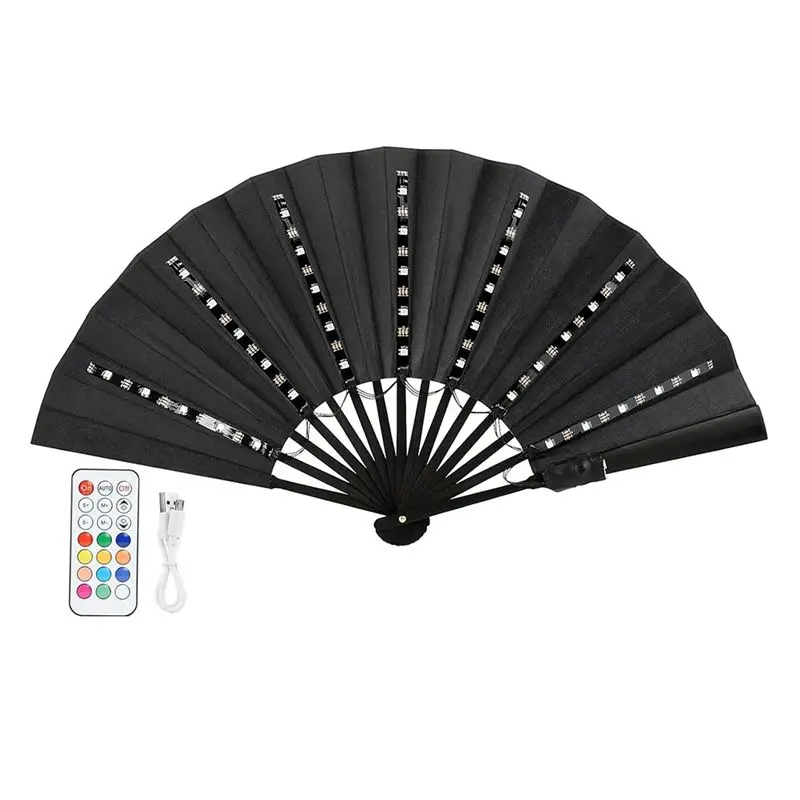 J1UL1N Chinese Hand Held Folding Fan Handheld Folding LED Glowing Chinese Fan Wedding Night Bar Club Fluorescent Props Black