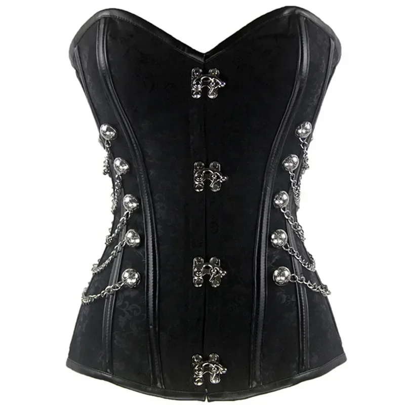 

Steampunk Corsets And Overbust Leather Corset Steel Bone Spiral Tops Chain Gothic Vintage Pirate Bustiers Plus Size Black Brown