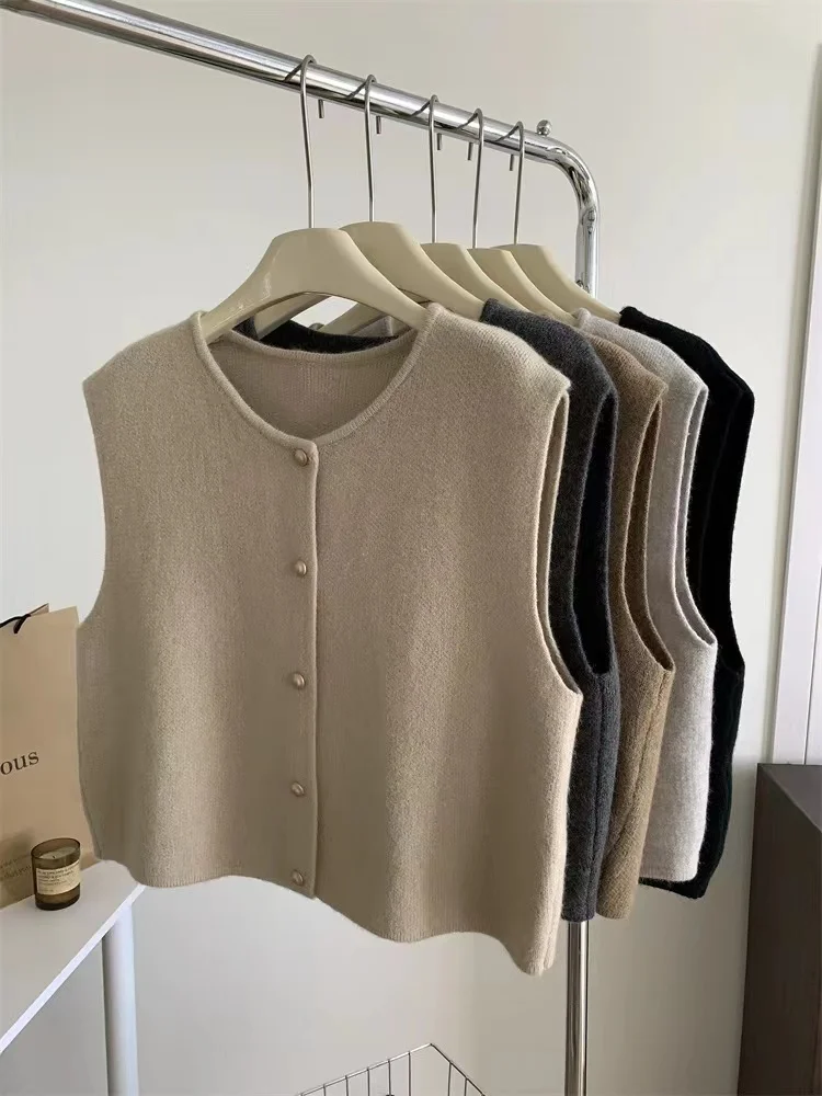 Cárdigan de punto elegante coreano para mujer, suéter sin mangas de una sola botonadura, Tops informales ajustados para mujer, otoño