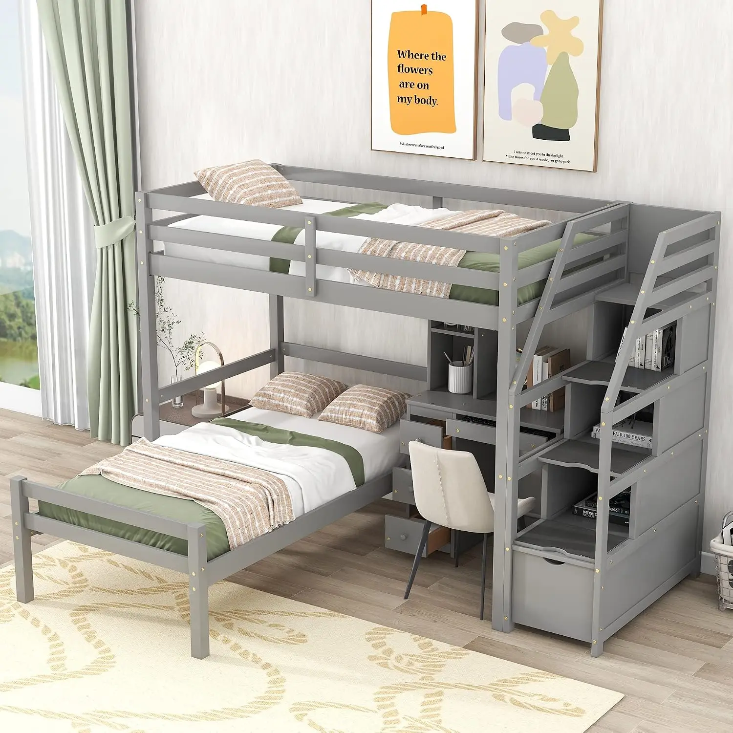 Twin Over Twin Bunk Bed with Desk, Gray, Customized