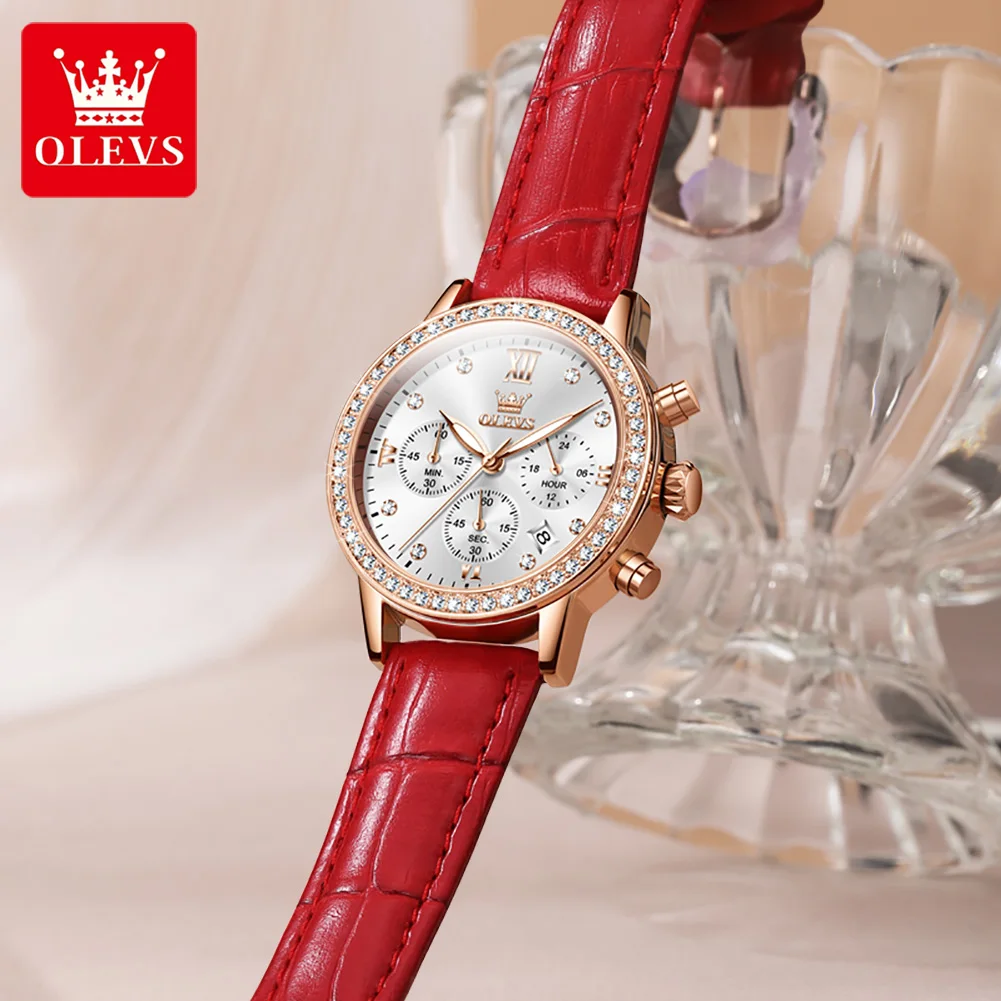 OLEVS 9933 Women' Watches Luxury Brand Diamond Quartz Wristwatch Waterproof Luminous Leather Strap Multifunction Ladies Watch