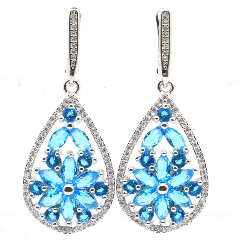 45x18mm Highly Recommend Swiss Blue Topaz Green Peridot White CZ Bride Wedding Daily Wear Silver Earrings