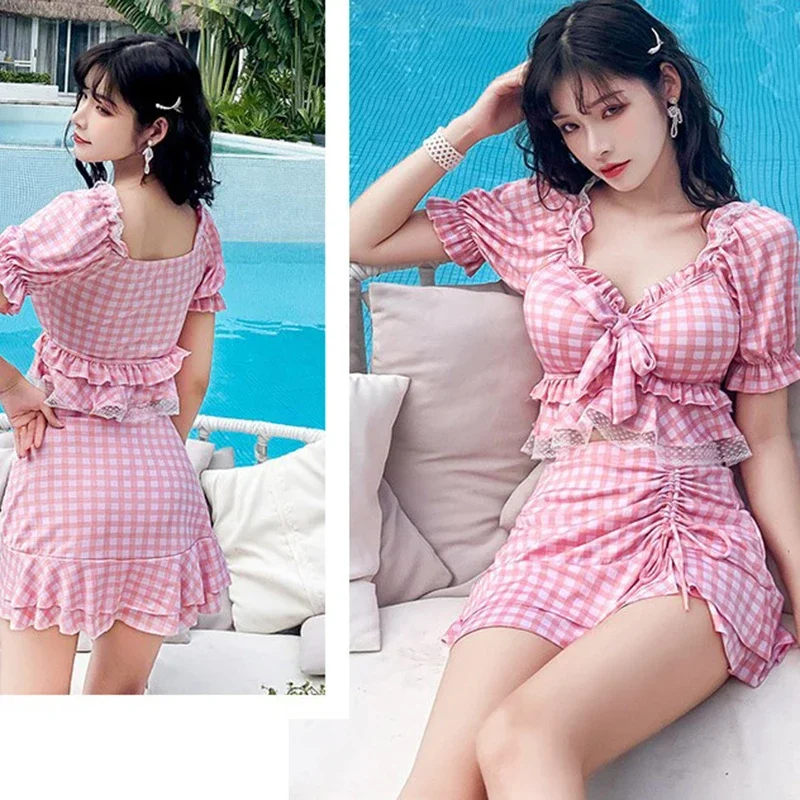 OIINAA traje de baño a cuadros para mujer, traje de baño rosa con volantes, faldas de playa con cordón de cintura alta, nuevo traje de baño coreano dividido para verano 2025