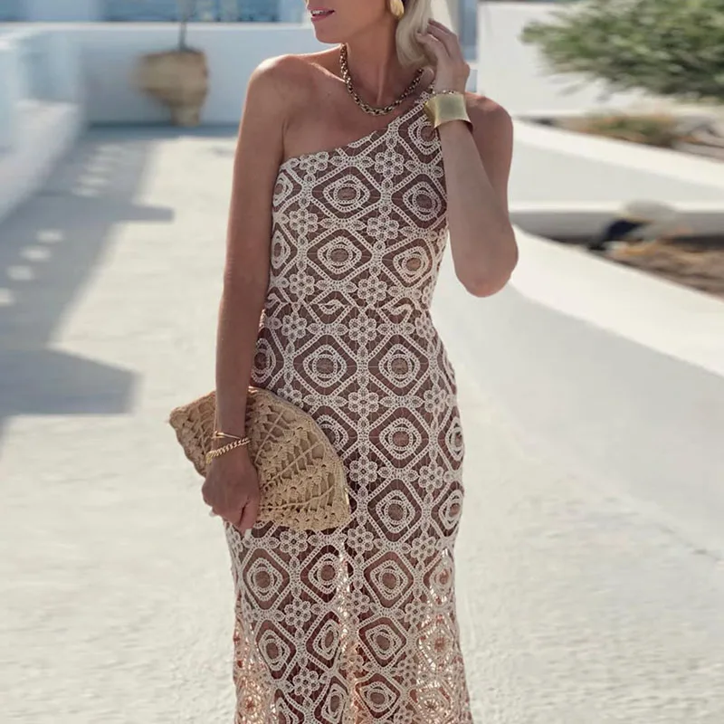 Robes pour femmes printemps nouvelle épaule inclinée dos nu Jacquard robe longue été creux sans manches imprimé dentelle tricot robe au Crochet