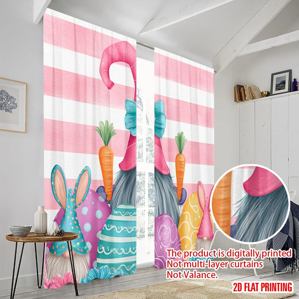 2 Stück 2D-Flachdruck-Szenenvorhang, Osterzwerg, Haseneier, Frühling, Polyester, ohne Strom, 0, perfekt für den Innenbereich